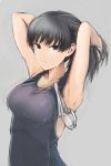  absurdres amagami armpits arms_behind_head bangs breasts closed_mouth commentary_request goggles grey_background grey_eyes grey_hair hands_up highres ku-ba large_breasts long_hair looking_at_viewer one-piece_swimsuit simple_background solo swimsuit tsukahara_hibiki tying_hair upper_body wet 