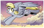  2012 andypriceart blonde_hair border cloud cute cutie_mark derp_eyes derpy_hooves_(mlp) equine eyelashes feathered_wings feathers female feral flying friendship_is_magic grey_feathers hair hooves mammal my_little_pony nude outside pegasus portrait signature silly sky smile solo spread_wings text tongue tongue_out traditional_media_(artwork) white_border wings yellow_eyes 