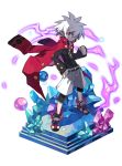  albino black_shirt clenched_hand coat crystal disgaea faux_figurine full_body glasses harada_takehito jacket_on_shoulders looking_at_viewer makai_senki_disgaea_3 makai_wars male_focus mao_(disgaea) official_art pointy_ears red_coat red_eyes shirt shoes shorts solo spiked_hair standing white_hair white_shorts 