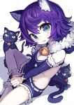  :3 animal_ears bandaid bandaid_on_nose bangs bare_shoulders bell black_cat blue_eyes cat cat_ears cat_tail commentary detached_sleeves fur_trim gatakigi_gama highres hood hood_down indian_style jingle_bell long_sleeves looking_at_viewer original purple_hair purple_shorts shoes short_hair short_shorts shorts sitting slit_pupils smile solo tail v_arms 