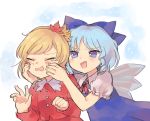  aki_shizuha blonde_hair blue_bow blue_dress blue_eyes blue_hair bow cheek_press cirno closed_eyes dress hair_bow ice ice_wings long_hair multiple_girls puffy_short_sleeves puffy_sleeves sasa_kichi short_sleeves smile tears touhou upper_body wings 