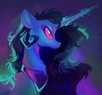  2018 altblast bust_portrait chest_tuft equine eyelashes female feral fur glowing_horn hair horn long_hair mammal my_little_pony pink_eyes portrait purple_background side_view signature simple_background slit_pupils tuft unicorn 