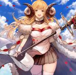  :d ahoge anila_(granblue_fantasy) blue_sky blush breasts brown_skirt cape cleavage cloud commentary_request cowboy_shot day draph fur_trim gloves granblue_fantasy highres holding holding_polearm holding_weapon honyaru_(nanairo39) horns large_breasts long_hair looking_at_viewer open_mouth petals pleated_skirt polearm sheep_horns skirt sky smile solo standing thighhighs weapon white_gloves white_legwear yellow_eyes zettai_ryouiki 