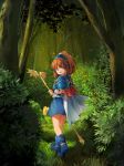  :d arle_nadja blue_footwear blue_skirt boots bracer brown_eyes brown_hair bush cape commentary_request day forest full_body gold_trim grass hairband highres holding looking_at_viewer looking_back madou_monogatari nature open_mouth outdoors puyopuyo shoulder_armor skirt smile solo spaulders staff standing tree waichi white_cape 