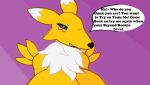  anthro big_breasts black_sclera blue_eyes breasts canine digimon female fur lil_scooter56 mammal renamon simple_background text tuft white_fur yellow_fur 