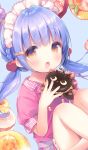  :o bangs blue_background blue_hair blush brown_eyes chocolate collared_shirt commentary_request dutch_angle eyebrows_visible_through_hair fingernails food gingham hair_ornament hairclip heart heart_hair_ornament highres holding holding_food long_hair looking_at_viewer low_twintails maid_headdress open_mouth original out_of_frame puffy_short_sleeves puffy_sleeves purple_shirt shirt short_sleeves solo_focus twintails usashiro_mani 