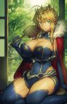  ahoge artoria_pendragon_(all) artoria_pendragon_(lancer) bangs blue_legwear blurry braid breasts cape cleavage cleavage_cutout closed_mouth collarbone colored_eyelashes commentary_request covered_navel crown depth_of_field eyebrows_visible_through_hair fan fate/grand_order fate_(series) french_braid fur-trimmed_cape fur_trim gauntlets green_eyes hair_between_eyes huge_breasts impossible_clothes indoors long_hair looking_at_viewer melon22 open_door pleated_skirt red_cape sidelocks sitting skirt sliding_doors smile solo swept_bangs thighs yamoge 