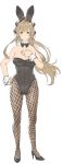  ahoge amagi_brilliant_park animal_ears ass_visible_through_thighs bangs bare_shoulders black_footwear black_leotard black_neckwear bow bowtie brown_eyes bunny_ears bunnysuit detached_collar fake_animal_ears fishnet_pantyhose fishnets full_body hair_ribbon hand_on_hip hand_on_own_chest high_heels iwauchi_tomoki leotard light_blush light_brown_hair long_hair looking_at_viewer pantyhose parted_lips ribbon sento_isuzu solo standing wing_collar wrist_cuffs 