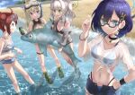  4girls :d ahoge alternate_costume beach bikini black_bikini black_choker blonde_hair blue-framed_eyewear blue_archive blue_bikini blue_eyes blue_hair blue_halo blue_shorts breasts can chihiro_(blue_archive) choker cleavage closed_mouth collarbone commentary_request double_bun drink_can eyewear_on_head glasses goggles goggles_on_head green_eyes green_halo grey_hair grey_jacket hair_bun hair_ornament halo hand_on_own_hip hand_up hare_(blue_archive) highres holding holding_can inflatable_toy inflatable_whale jacket kotama_(blue_archive) large_breasts long_hair looking_at_another looking_at_viewer maki_(blue_archive) medium_breasts monster_energy multiple_girls navel ocean open_clothes open_fly open_jacket outdoors pink-framed_eyewear ponytail purple_eyes purple_halo rabbit_hair_ornament red_hair red_halo round_eyewear ruruki sand see-through_clothes see-through_shirt semi-rimless_eyewear shirt short_hair shorts sidelocks slippers small_breasts smile snorkel standing sunglasses swimsuit thigh_strap tied_shirt under-rim_eyewear veritas_(blue_archive) wristband 