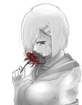  anego_(natsume) blood blood_from_mouth blood_on_face bloody_clothes bloody_tears breasts commentary crying eyebrows_visible_through_hair flower greyscale hair_ornament hairclip hamakaze_(kantai_collection) highres holding holding_flower kantai_collection looking_at_viewer monochrome neckerchief parted_lips sailor_collar school_uniform serafuku short_hair short_sleeves simple_background solo spider_lily spot_color upper_body white_background 