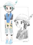 1girl :d asymmetrical_pupils bangs black_eyes black_hair blue_vest blunt_bangs commentary full_body green_hair grey_shorts hat hat_feather holding kemono_friends kyururu_(kemono_friends) looking_at_viewer multicolored_hair multiple_views open_mouth panzuban partially_colored short_hair short_ponytail short_sleeves shorts simple_background sketchbook smile twitter_username two-tone_hair v_arms vest white_background 