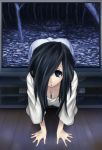  :o ajino_(sakanahen) all_fours black_eyes black_hair breasts commentary_request downblouse hair_over_one_eye hanging_breasts long_hair looking_at_viewer solo television the_ring through_screen well wooden_floor yamamura_sadako 
