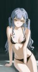  1girl absurdres bang_dream! bang_dream!_it's_mygo!!!!! bare_arms bare_legs between_legs bikini black_bikini black_ribbon blunt_bangs braid breasts cleavage closed_mouth collarbone frilled_bikini_top grey_hair hair_ribbon halterneck hand_between_legs highres leaning_to_the_side long_hair looking_at_viewer madamadadaneye medium_breasts navel ribbon sitting solo swimsuit togawa_sakiko twintails very_long_hair yellow_eyes 