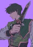  1boy absurdres dragon_ranger grimace highres holding holding_sword holding_weapon long_sleeves looking_to_the_side male_focus messy_hair mighty_morphin_green_ranger mighty_morphin_power_rangers mori_(enignuma797) power_rangers purple_background short_hair simple_background solo sword upper_body v-shaped_eyebrows weapon 