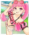  1girl absurdres bare_shoulders beach bikini bikini_under_shorts blush breasts cleavage collarbone eyewear_on_head fire_emblem fire_emblem:_three_houses fire_emblem_heroes from_above highres hilda_valentine_goneril hilda_valentine_goneril_(summer) hoshinokotta long_hair looking_at_viewer looking_up medium_breasts navel ocean off-shoulder_bikini off_shoulder official_alternate_costume open_mouth outdoors pink-tinted_eyewear pink_bikini pink_eyes pink_hair pink_shorts shorts smile striped_bikini striped_clothes sunglasses swimsuit teeth tinted_eyewear twintails vertical-striped_bikini vertical-striped_clothes water 