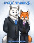  2012 5_fingers abstract_background anthro black_nose blue_eyes book_cover canine clothing digital_media_(artwork) dipstick_ears eric_m_deal eyebrows fox fur hand_on_shoulder hands_together inner_ear_fluff looking_at_partner looking_at_viewer mammal multicolored_fur necktie open_mouth open_smile orange_tail polar_and_vulpie_saga polar_arctic smile standing teeth text tongue trezhurisland tuxedo vulpie_vivixen white_fur white_tail 