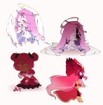  2girls am_osaa angel_wings armor barefoot blush boots braid broken_skin cape circlet colored_skin cookie_run cookie_run:_kingdom dark-skinned_female dark_skin double_bun dress elbow_gloves eternal_sugar_cookie eyelashes floating_hair frills full_body gauntlets gem gloves gradient_hair hair_bun hair_ornament halo hand_up hands_up heart heart-shaped_gem heart_print highres holding holding_instrument holding_lyre hollyberry_cookie hollyberry_cookie_(aegis) instrument leaf_hair_ornament long_hair looking_at_viewer looking_down lyre mistletoe multicolored_hair multiple_girls multiple_views official_alternate_costume official_alternate_hairstyle one_eye_closed open_mouth pink_eyes pink_gemstone pink_hair pink_skin puffy_short_sleeves puffy_sleeves purple_dress red_cape red_dress short_hair short_sleeves simple_background sitting smile standing torn_clothes torn_dress torn_gloves two-tone_dress very_long_hair wavy_hair white_background white_dress white_eyeshadow white_gloves wings yellow_armor yellow_boots yellow_halo 