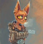  anthro belt belt_buckle breasts bust_(disambiguation) clothing cowl eyebrows eyelashes fangs feline female fingerless_gloves fur gloves hood hooded_jacket huff khajiit looking_at_viewer mammal orange_fur orange_ringtail_thief sharp_teeth skyrim smile solo stripes teeth the_elder_scrolls thief video_games zer0frost 