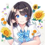  black_hair blue_bow blue_eyes blue_neckwear blush bow flower highres looking_at_viewer marigold medium_hair original pansy school_uniform smile solanikieru solo upper_body 