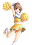  :d arm_up armpits ass_visible_through_thighs bare_shoulders blush bow breasts brown_hair buruma cheerleader crotch_seam hair_bow high_ponytail highres leg_up looking_at_viewer midriff open_mouth original pleated_skirt ponytail red_eyes shibacha shirt shoes sidelocks simple_background skirt sleeveless sleeveless_shirt small_breasts smile sneakers socks solo standing standing_on_one_leg 