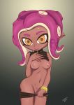  2018 5_fingers absurd_res agent_8_(splatoon) amber_eyes animal_humanoid breasts cephalopod_humanoid clothed clothing dark_skin digital_media_(artwork) female hair hi_res humanoid looking_at_viewer midriff navel nintendo nipples octoling pants_down partially_clothed pubes purple_hair pussy raised_shirt short_hair solo splatoon standing tataporn tentacle_hair tentacles undressing video_games 