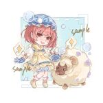  1girl animal ascot blue_background blue_bow blue_gloves blue_hat blue_shorts blunt_bangs blush boots bow bow_legwear brooch bubble bubble_print bye-bye_dust_(infinity_nikki) chibi chinese_commentary collared_dress commentary_request commission dotted_line dress dress_ribbon eyelashes florasheep flower frilled_headwear frilled_socks frills gloves hair_brush happy hat hat_bow holding holding_hair_brush infinity_nikki jewelry kneehighs light_particles mob_cap mouth_hold nikki_(series) open_mouth outside_border paw_print pink_bow pink_eyes pink_flower pink_hair pink_socks pom_pom_hat_ornament puffy_short_sleeves puffy_sleeves purple_flower ribbon rubber_boots sample_watermark see-through_clothes see-through_sleeves sheep short_hair short_sleeves shorts sleeve_bow smile socks sparkle two-tone_background watermark white_ascot white_background white_bow white_ribbon white_sleeves wrist_bow yanyanyankong yellow_boots yellow_dress 