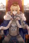  artoria_pendragon_(all) b_rock blonde_hair blue_cape blurry blurry_background breastplate cape commentary_request crown depth_of_field fate/stay_night fate_(series) faulds fur_trim gauntlets gorget green_eyes highres hood hood_down hooded_cape light_particles looking_at_viewer parted_lips plate_armor saber sitting solo throne 
