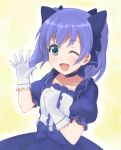  ;d blue_eyes blue_hair choker collarbone commentary_request dress frilled_dress frilled_gloves frilled_sleeves frills gloves hair_ribbon nijisanji one_eye_closed open_mouth puffy_short_sleeves puffy_sleeves ribbon roudou_zero short_hair short_sleeves smile twintails virtual_youtuber waving white_gloves yuuki_chihiro 