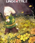  anthro asriel_dreemurr barefoot caprine clothed clothing detailed_background english_text eyes_closed flower fully_clothed goat hi_res kneeling mammal plant sarusa1 solo text undertale video_games 