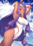  animal_ears armpits arms_up beach blue_sky blush breasts contrapposto covered_navel cowboy_shot dark_skin day dutch_angle earrings eyebrows_visible_through_hair facial_mark fate/grand_order fate_(series) hairband highres hoop_earrings impossible_clothes impossible_swimsuit jewelry large_breasts long_hair looking_at_viewer low-tied_long_hair m-da_s-tarou medjed necklace nitocris_(fate/grand_order) nitocris_(swimsuit_assassin)_(fate) one-piece_swimsuit outdoors purple_eyes purple_hair sidelocks sky smile solo standing sweat swimsuit very_long_hair white_swimsuit 