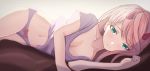  absurdres bed_sheet blue_eyes bow bow_panties breasts cleavage collarbone darling_in_the_franxx eyebrows_visible_through_hair finn_flint highres horns long_hair looking_at_viewer lying midriff navel on_side panties pink_hair purple_panties purple_shirt red_bow shirt short_sleeves small_breasts solo stomach underwear zero_two_(darling_in_the_franxx) 