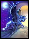  2018 blue_eyes blue_feathers blue_hair cutie_mark detailed_background digital_media_(artwork) equine feathered_wings feathers female feral flying friendship_is_magic hair horn looking_at_viewer mammal moon my_little_pony night outside princess_luna_(mlp) sky solo star starry_sky viwrastupr winged_unicorn wings 