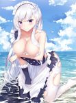  apron areolae azur_lane bare_arms bare_shoulders belfast_(azur_lane) blue_dress blue_gloves blue_sky blush braid breasts cleavage closed_mouth cloud collarbone commentary_request day dress elbow_gloves gloves horizon kneeling large_breasts long_hair looking_at_viewer maid maid_headdress no_shoes ocean outdoors pantyhose purple_eyes rong_yi_tan shallow_water silver_hair single_elbow_glove sky sleeveless sleeveless_dress solo torn_clothes torn_dress torn_legwear very_long_hair waist_apron water wavy_mouth wet wet_clothes wet_dress wet_pantyhose white_apron white_legwear 