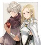  1girl apple blonde_hair blue_eyes dress food fruit gloves hair_over_one_eye jewelry looking_at_viewer octopath_traveler ophilia_(octopath_traveler) scarf short_hair simple_background smile therion_(octopath_traveler) white_hair wspread 