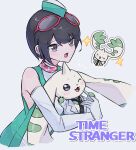  1girl bare_shoulders black_eyes black_hair coat digimon digimon_(creature) digimon_story:_time_stranger dress eyewear_on_head green_dress green_hat hat highres hug lab_coat nagoshi short_hair simple_background terriermon terriermon_joshu upper_body white_background white_coat white_dress yuuki_kanan 