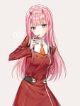  arm_behind_back bi_tters candy character_name cowboy_shot darling_in_the_franxx dress food green_eyes grey_background grey_hairband hairband horns lollipop long_hair looking_at_viewer necktie orange_neckwear pink_hair red_dress short_dress short_necktie simple_background solo sparkle standing uniform very_long_hair zero_two_(darling_in_the_franxx) 