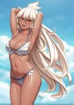  :d ahoge armpits arms_up bikini blue_sky blush breasts cleavage cloud collarbone cowboy_shot dark_skin day flower granblue_fantasy hair_between_eyes hair_flower hair_ornament highres large_breasts lips long_hair looking_at_viewer lvl_(sentrythe2310) navel open_mouth outdoors red_eyes sky smile solo stomach swimsuit very_long_hair wet white_bikini white_hair zooey_(granblue_fantasy) 