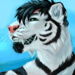  2018 anthro cloudymayday edron fangs feline fur green_eyes looking_at_viewer male mammal pink_nose scar smile solo stripes tiger whiskers white_tiger 