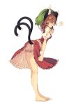  1girl :d ? absurdres animal_ear_fluff animal_ear_piercing animal_ears arm_at_side bare_legs barefoot bent_over bloomers blush breasts brown_eyes brown_hair cat_ears cat_tail chen earrings frills from_side full_body hair_between_eyes hand_up hat highres jewelry looking_at_viewer looking_to_the_side mob_cap multiple_tails nekomata open_mouth petticoat puffy_short_sleeves puffy_sleeves red_skirt red_vest seika_okawari short_sleeves simple_background single_earring skirt skirt_set small_breasts smile solo spoken_question_mark standing tail touhou two_tails upskirt vest white_background 