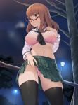  ass_visible_through_thighs bangs between_breasts black_legwear blunt_bangs blush bra breasts breasts_apart brown_eyes brown_hair commentary_request eyebrows_visible_through_hair girls_und_panzer glasses green_skirt highres ikomochi lamppost large_breasts lifted_by_self long_hair long_sleeves looking_at_viewer navel night ooarai_school_uniform outdoors panties pink_bra pink_panties pleated_skirt red-framed_eyewear school_uniform semi-rimless_eyewear serafuku shirt_lift skirt skirt_lift solo standing stomach takebe_saori thighhighs tree under-rim_eyewear underwear 