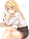  ? ayase_eli belt bespectacled black_skirt blue_eyes blush bottle breasts collared_shirt commentary_request crossed_legs elbows_on_table eyebrows_visible_through_hair glasses hair_between_eyes hair_down holding holding_bottle light_frown long_hair long_sleeves looking_at_viewer love_live! love_live!_school_idol_project medium_breasts mogu_(au1127) pencil_skirt red-framed_eyewear shirt sitting skirt sleeves_rolled_up solo spoken_question_mark striped striped_shirt sweatdrop vertical-striped_shirt vertical_stripes white_background white_shirt 