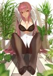  arms_up black_bra black_legwear black_panties blurry blurry_foreground bra breasts cleavage commentary crotch_seam depth_of_field eyebrows_visible_through_hair fate/grand_order fate_(series) feet foreshortening highres indoors large_breasts long_hair looking_at_viewer navel open_clothes open_shirt panties panties_under_pantyhose pantyhose parted_lips partially_unbuttoned plant purple_hair red_eyes scathach_(fate)_(all) scathach_(fate/grand_order) sidelocks sitting solo throtem toes underwear underwear_only very_long_hair 