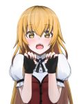  blonde_hair blush claw_pose commentary_request dress eyebrows_visible_through_hair fangs fingerless_gloves gloves ienaga_mugi long_hair looking_at_viewer nail_polish nijisanji open_mouth puffy_short_sleeves puffy_sleeves roudou_zero short_sleeves virtual_youtuber white_background yellow_eyes 