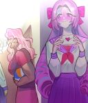  2girls alternate_costume ball blue_shirt blush bow closed_eyes closed_mouth colored_skin cookie_run cookie_run:_kingdom cowboy_shot dark-skinned_female dark_skin door drill_hair envelope eternal_sugar_cookie eyelashes hair_bow hands_up heart highres holding holding_ball holding_envelope hollyberry_cookie indoors long_hair long_sleeves looking_at_another multicolored_hair multiple_girls neckerchief open_mouth p_d0117 pants pink_bow pink_hair pink_pants pink_shirt pink_skin pleated_skirt puffy_long_sleeves puffy_sleeves purple_pants purple_skirt red_neckerchief sailor_collar school_uniform serafuku shirt short_sleeves skirt smile standing streaked_hair teeth wavy_hair white_eyeshadow white_hair white_shirt yuri 