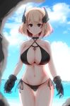 1girl absurdres ass_visible_through_thighs azur_lane bikini black_bikini blonde_hair blue_sky breasts brown_eyes cloud cloudy_sky commentary_request cowboy_shot day halterneck highres iron_cross large_breasts looking_at_viewer mechanical_hands multicolored_hair navel ocean red_hair roon_(azur_lane) short_hair side-tie_bikini sky smile solo swimsuit thigh_gap two-tone_hair wet 
