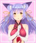  absurdres animal_ears blush box breasts cat_ears china_dress chinese_clothes confession dress gloves highres jewelry kkommy large_breasts long_hair looking_at_viewer open_mouth original out_of_frame pink_background pov pov_hands proposal purple_hair ribbon ring solo_focus teeth upper_body wedding_ring white_gloves yellow_eyes 