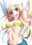  air arms_up blonde_hair blue_eyes breasts commentary_request denim denim_shorts front-tie_top green_bikini_top kamio_misuzu long_hair medium_breasts navel open_mouth shorts simple_background solo undressing upper_body white_background zen 