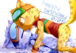  2016 all_fours anthro blue_fur blush bottomless breast_tuft clothed clothing cub duo eyes_closed eyewear feline fur goggles goggles_on_head hi_res kissing leopard lying male male/male mammal multicolored_tail ollie on_back open_mouth pop&#039;n_music snow_leopard suimatsu sweat yellow_fur young 
