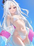  1girl absurdres alternate_costume bikini black_halo black_horns blue_archive blue_sky blush breasts commentary_request cowboy_shot day demon_girl demon_horns halo highres hina_(blue_archive) horns kotoha_(kotoha65) long_hair looking_at_viewer navel open_mouth purple_eyes simple_background sky small_breasts smile solo stomach striped_innertube swimsuit thighs transparent_innertube white_background white_bikini white_hair 