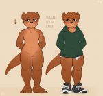  anthro barefoot bottomless brown_fur clothed clothing cute english_text featureless_crotch footwear fur green_eyes male mammal model_sheet mustelid nude otter seasalt_(seniorseasalt) seniorseasalt shoes simple_background slightly_chubby tan_background text 